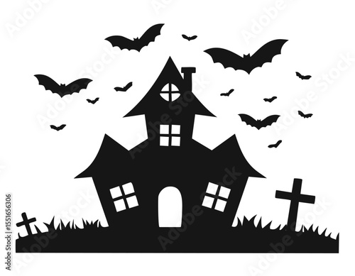 Playful Halloween silhouette shows a crooked haunted house perched on a hill, tall spires and glowing windows, surrounded by grazing grass and scattered gravestones while cartoon bats