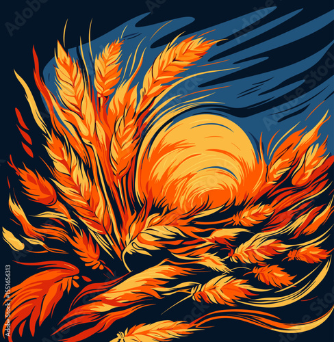 Wheat ears on wheat field in vector art style.