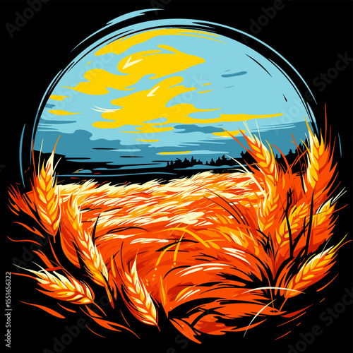 Wheat ears on wheat field in vector art style.