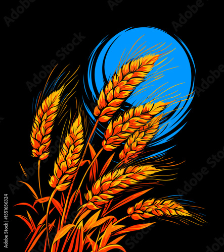 Wheat ears on wheat field in vector art style.