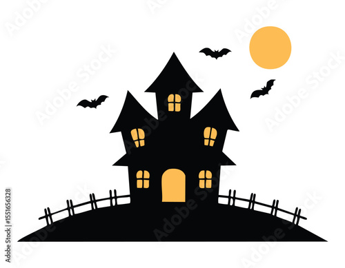 Black silhouette of whimsical haunted mansion with leaning towers and mismatched windows rises from a grassy mound, tiny bats flutter overhead, blank white sky offers wide copy space