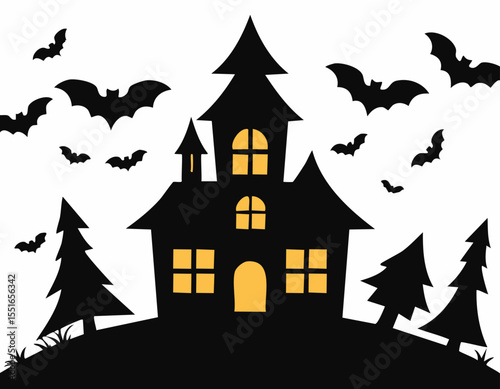 Simple black cutout art shows a spooky hilltop cottage with sharp pointed roofs, uneven shutters and arched doorway, flanked by broken fences, tufts of grass and grave crosses