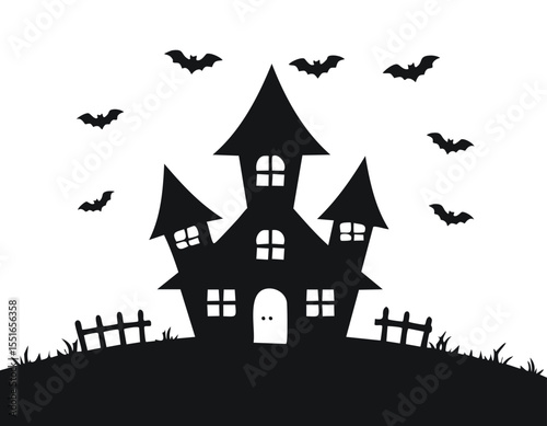 Bold silhouette graphic presents an eerie Halloween hill with a lopsided house at the center, glowing pane shapes hint at flickering candles