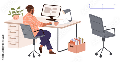 Man seated at desk using desktop computer in bright, organized workspace with lamp, chair, plant, and bookshelf. Ideal for productivity, office, focus, workflow remote work organization simple