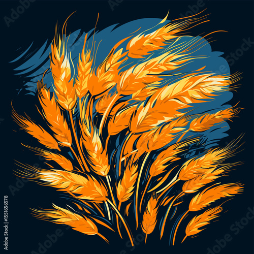 Wheat ears on wheat field in vector art style.