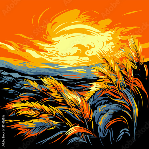 Wheat ears on wheat field in vector art style.