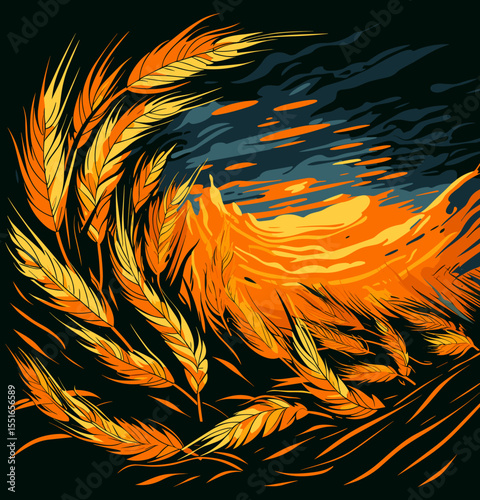 Wheat ears on wheat field in vector art style.