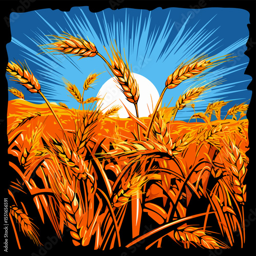 Wheat ears on wheat field in vector art style.