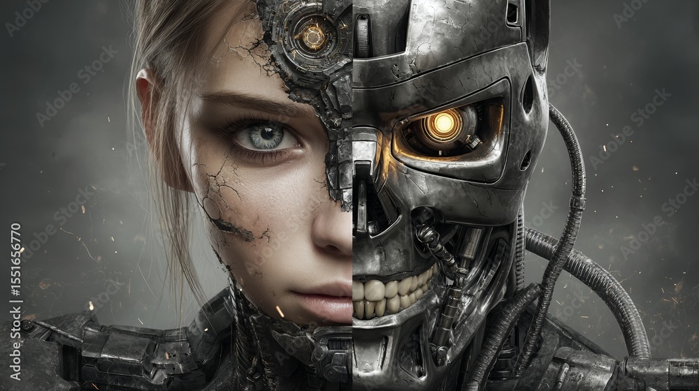 Fototapeta premium A human and AI face-off is depicted in a stunning visual, symbolizing the fusion of humanity and technology, creating a futuristic digital reality