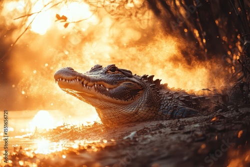 American alligator resting near the water, illuminated by the warm sunset. Use for conservation projects or tourism and wildlife education materials.