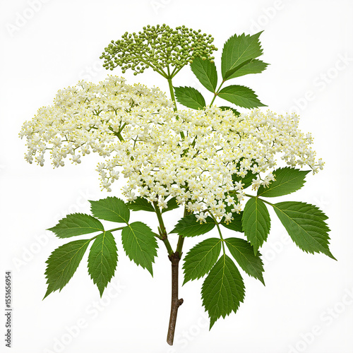 Elderberry bush in bloom isolated on white background  