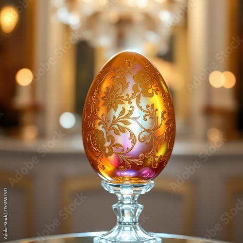 A finely detailed ornate golden easter egg displayed on a glass stand with a softly blurred background