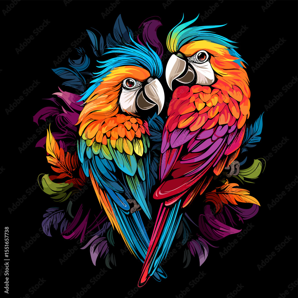 Fototapeta premium Parrots among flowers in colourful pop art style.