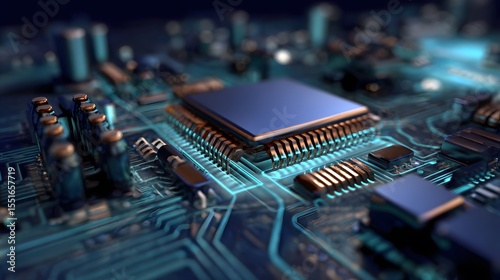 Futuristic printed circuit board inside a high-tech server system with data code processing and digital connectivity