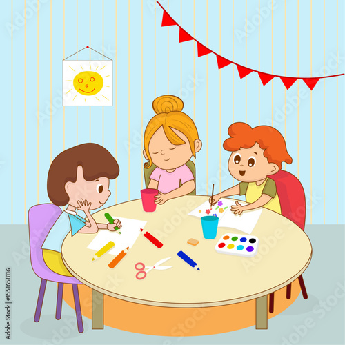 Vector illustration of three children sitting at a round table and drawing with pencils and watercolors, with red flags and a picture of the sun in the background.