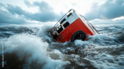 A dramatic image captures a partially sunk boat in tumultuous waves, symbolizing peril and the harsh realities of nature's unpredictable force in an evocative manner.