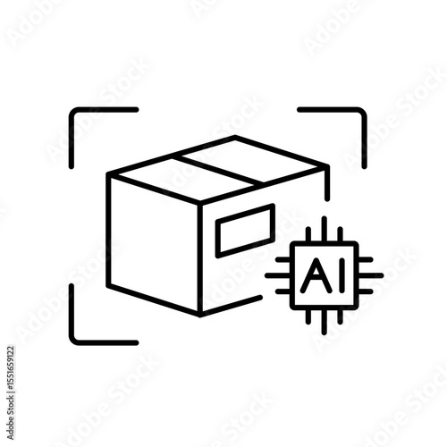 A vector icon of a shipping box with a label and AI scanning system, representing label recognition with artificial intelligence, created in line style with editable stroke