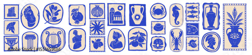 Greece summer sticker set, Mediterranean Greek sculpture print, Santorini tourism silhouette logo. Hand drawn doodle travel vintage stamp, olive branch mythology symbol. Traditional Greek sticker icon