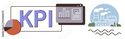 KPI text, pie chart, web analytics window, industrial factory and water, emphasizing performance tracking. Ideal for business management, industry growth, efficiency analysis, data visualization