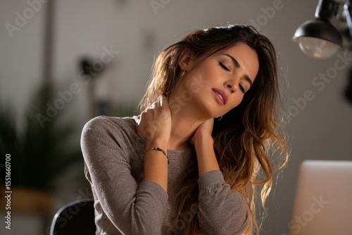 Filming a beautiful woman stretching her neck because of neck pain. Generative AI
