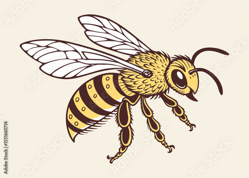 Highly Detailed Realistic Bee Vector Illustration – Close-Up of Flying Insect with Wings, Antennae, and Fuzzy Body for Nature, Science, and Pollination-Themed Designs