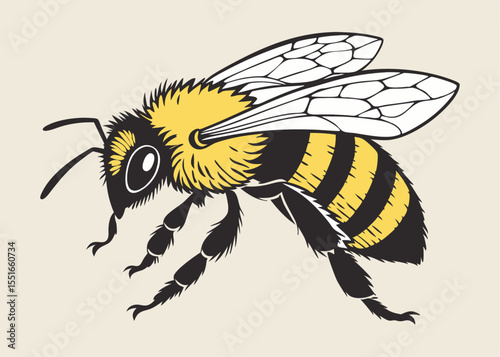 Highly Detailed Realistic Bee Vector Illustration – Close-Up of Flying Insect with Wings, Antennae, and Fuzzy Body for Nature, Science, and Pollination-Themed Designs