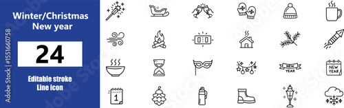 24 Vector art of winter, Christmas and new year line icons set , editable stroke; festive, cheerful mood.