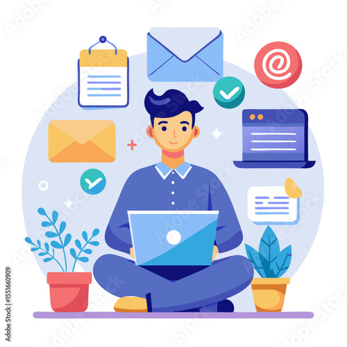 Email marketing concept Subscription to newsletter news offers and promotions Person using computer laptop modern flat design simple vector illustration isolated transparent background