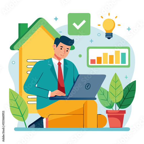 Energy efficiency Improvement concept Eco-friendly homes for sustainable development Businessman using laptop to energy efficiency rating assessment modern flat design simple vector illustration