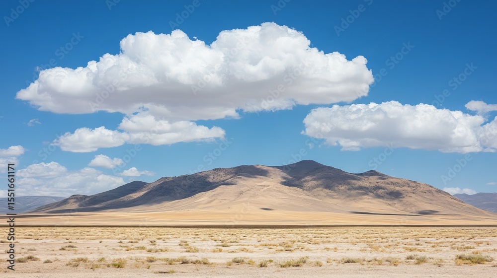 Fototapeta premium Expansive desert landscape under a vibrant blue sky, featuring a prominent, softly-lit mountain and scattered fluffy clouds