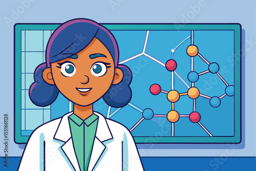 Female Scientist in a Lab with Molecular Diagram Illustration