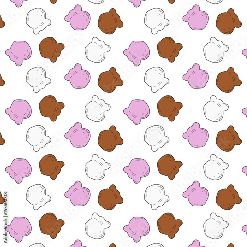 Seamless pattern featuring cartoon-style ice cream scoops in chocolate, strawberry, and vanilla flavors. Repeated hand-drawn elements with clean outlines and soft pastel colors.