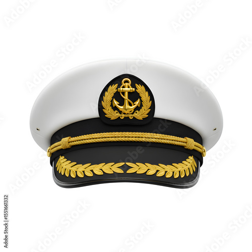 Classic white captain's hat with a gold anchor emblem, perfect for a cruise ship captain. Isolated on a white or transparent background in PNG format.
