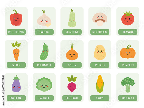 Vegetables Flashcards, Learning vegetables activity, vocabulary for kids in English. Learning material for homeschooling, teaching. Collection of vegetables educational cards for preschool.