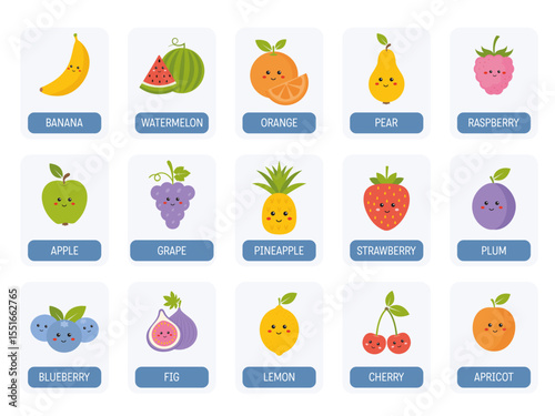 Fruits Flashcards, collection of fruits educational cards for preschool, kindergarten.  Learning fruits activity, game, vocabulary for kids in English. Learning material for homeschooling, teaching.