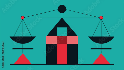 Abstract illustration of justice scales with geometric house shape and transparency