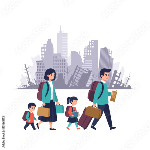Family's Departure: A family, shouldering baggage, exits a city marred by a disaster, suggesting displacement or the beginning of a new life. The image highlights resilience and familial ties.