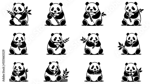 竹を食べるパンダのイラストセット｜Panda Eating Bamboo Illustration Set