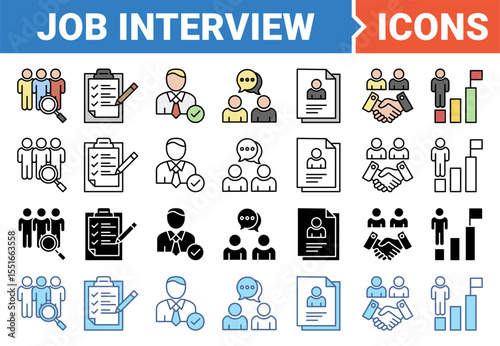 Job interview icon set with multiple style collection.