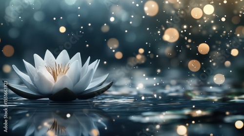 White Lotus Flower on Water with Sparkling Lights