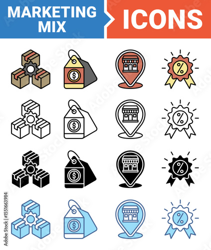 Marketing mix 4P icon set with multiple style collection.