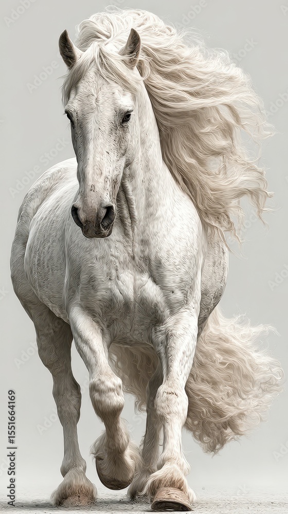 Obraz premium Majestic white horse galloping with flowing mane in a light-filled studio setting