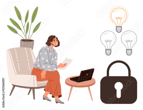 Woman seating and brainstorming with a laptop and papers. Lightbulbs represent ideas, and a lock emphasizes data security. Ideal for innovation, remote work, intellectual property, creativity