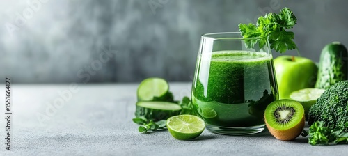 Green smoothie with fruits and vegetables on a light background, with space for a text banner. Close-up of green juice in a glass jar, surrounded by apple, kiwi, lime, cucumber.