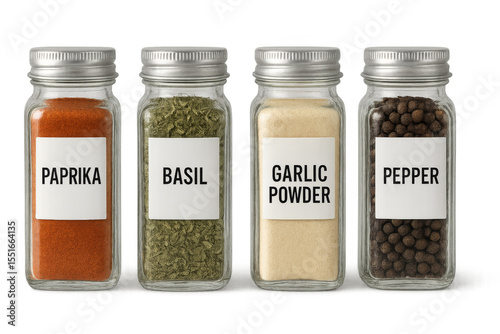 Fototapeta Naklejka Na Ścianę i Meble -  Spice jars containing paprika, basil, garlic powder, and pepper on transparent background