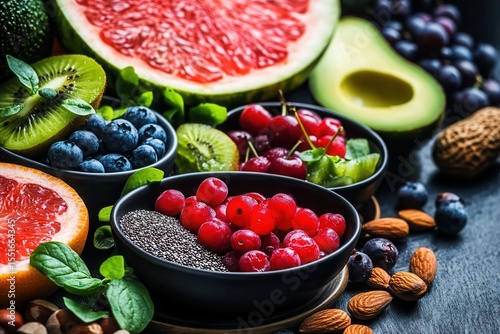 A colorful array of fresh fruits, nuts and seeds on an oak table, representing the concept of healthy eating for heart health with various shapes and sizes in small bowls. A.