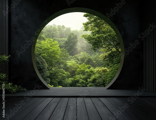 Wooden arch with a round cutout, a green forest in the background, and a black wooden floor. Ultra-realistic photography.