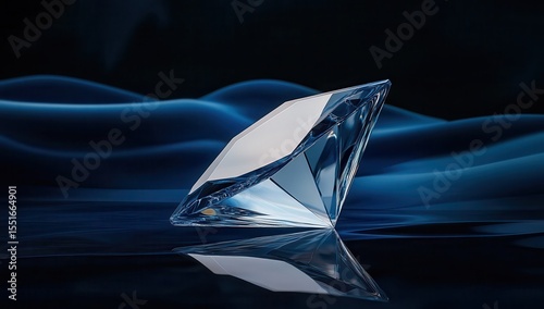 A diamond-shaped trophy with glass reflections, set against an abstract dark blue background with blurred lights in the foreground. The trophy is positioned on its side at eye.