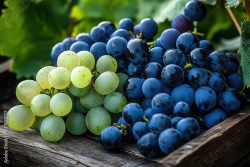 A basket of grapes, half green and the other dark blue in color, on a wooden table.