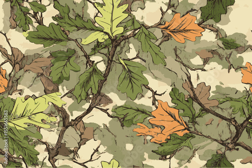 A camouflage pattern with leaves and branches in earth tones, such as green, brown, and orange, with an oak tree design in the background.